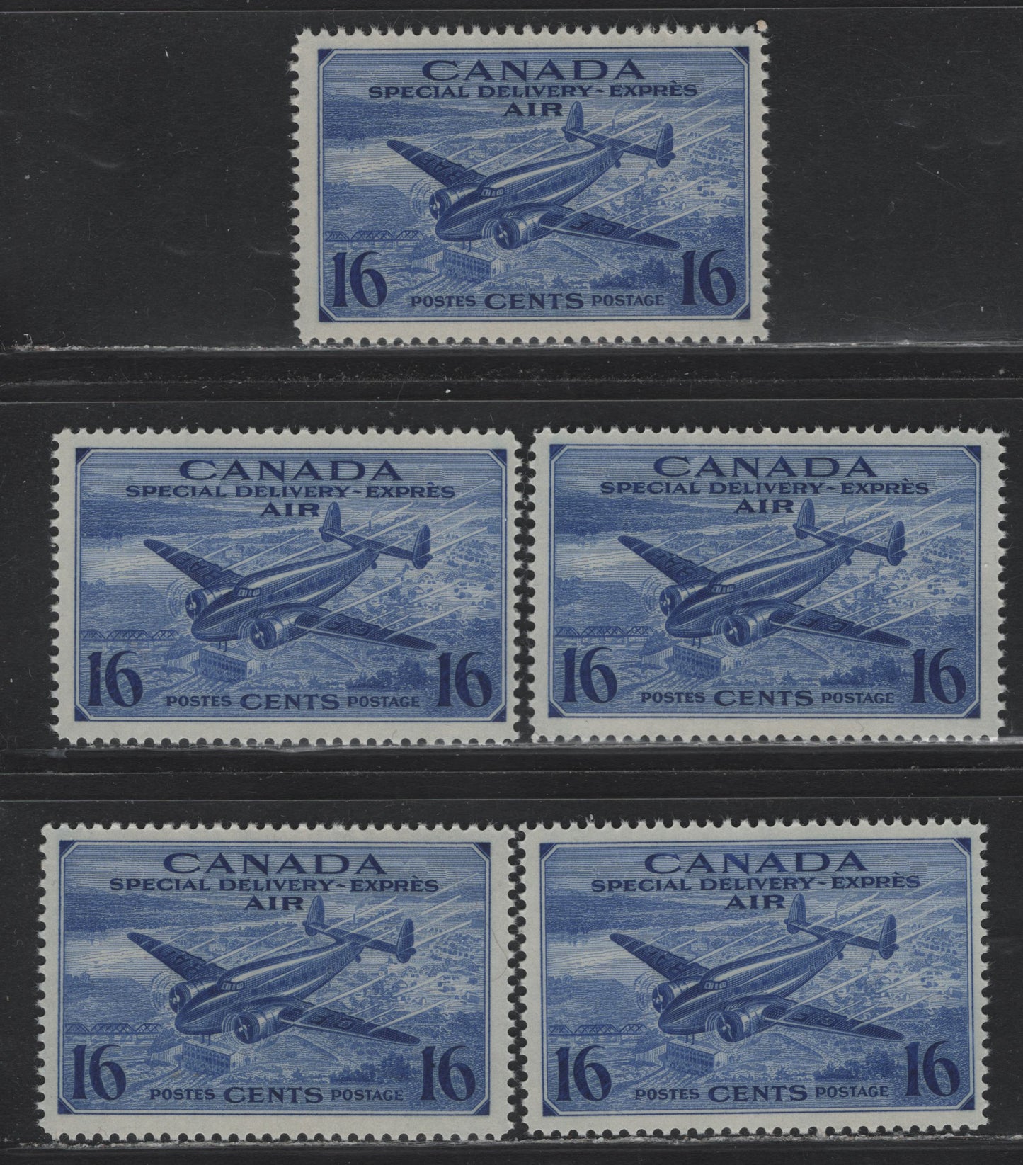 Lot 254 Canada #CE1 16c Deep Bright Ultramarine Trans-Canada Airplane, 1942-1943 Airmail Special Delivery Issue, 5 F/VFNH Singles, CBN-KK Paper, Perfs 12x11.9, 11.95x11.9, 12, 11.9 & 12x11.95