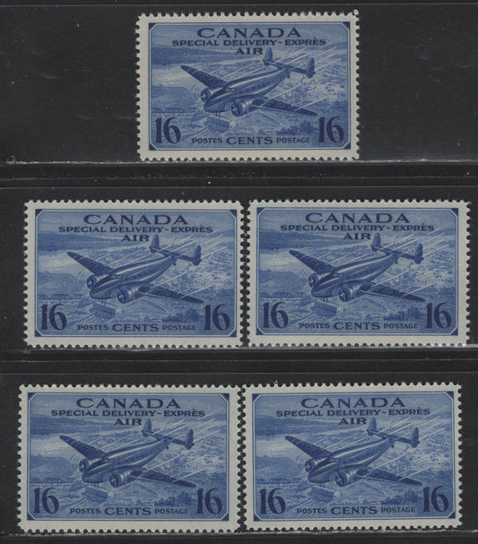 Lot 161 Canada #CE1 16c Deep Bright Ultramarine Trans-Canada Airplane, 1942-1943 Airmail Special Delivery Issue, 5 F/VFNH Singles, CBN-KK Paper, Perfs 12x11.9, 11.95x11.9, 12, 11.9 & 12x11.95