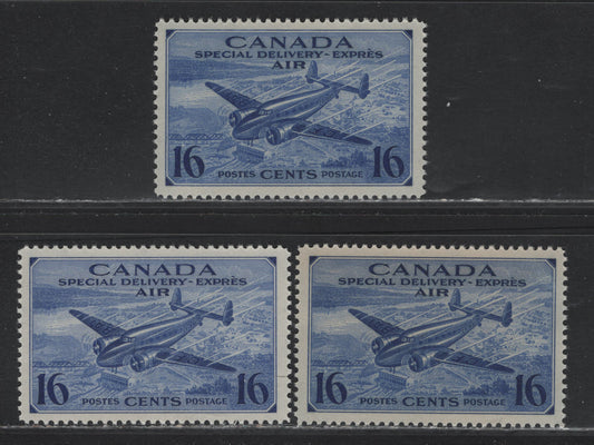 Lot 165 Canada #CE1 16c Deep Ultramarine, Violet Blue - Deep Violet Blue Trans-Canada Airplane, 1942-1943 Airmail Special Delivery Issue, 3 VFNH Singles, CBN-KK Paper, Unchecked For Perfs