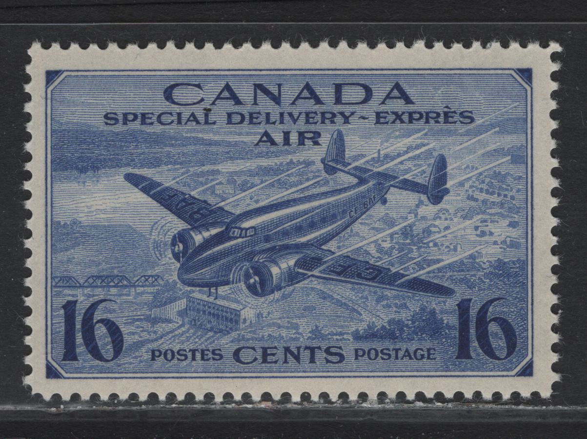 Lot 257 Canada #CE1 16c Bright Violet Blue Trans-Canada Airplane, 1942-1943 Airmail Special Delivery Issue, A VFNH Single, CBN-JJJJJ Paper, Perf 12x11.9