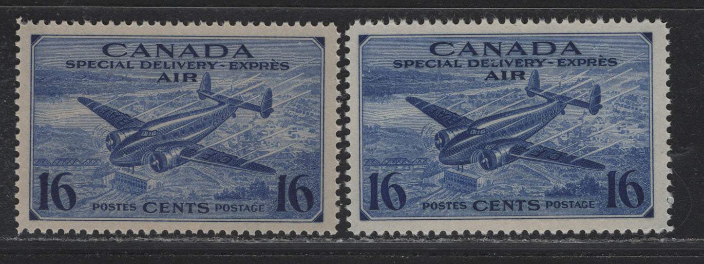 Lot 258 Canada #CE1 16c Deep Ultramarine Trans-Canada Airplane, 1942-1943 Airmail Special Delivery Issue, 2 VFNH Singles, White & Toned CBN-JJJJJ Paper, Unchecked For Perfs