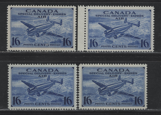 Lot 166 Canada #CE1 16c Violet Blue - Deep Bright Ultramarine Trans-Canada Airplane, 1942-1943 Airmail Special Delivery Issue, 4 VFNH Singles, CBN-IIIII Paper