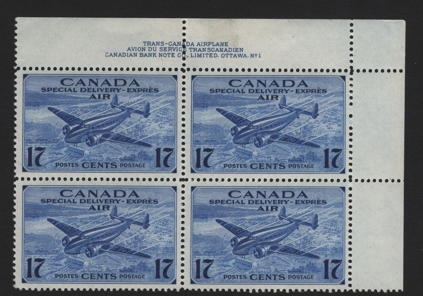 Lot 263 Canada (C) #CE2 17c Deep Ultramarine Trans-Canada Airplane, 1942-1943 Airmail Special Delivery Issue, A VFNH Single, CBN-GGGGG Paper, Perf 11.8x11.9