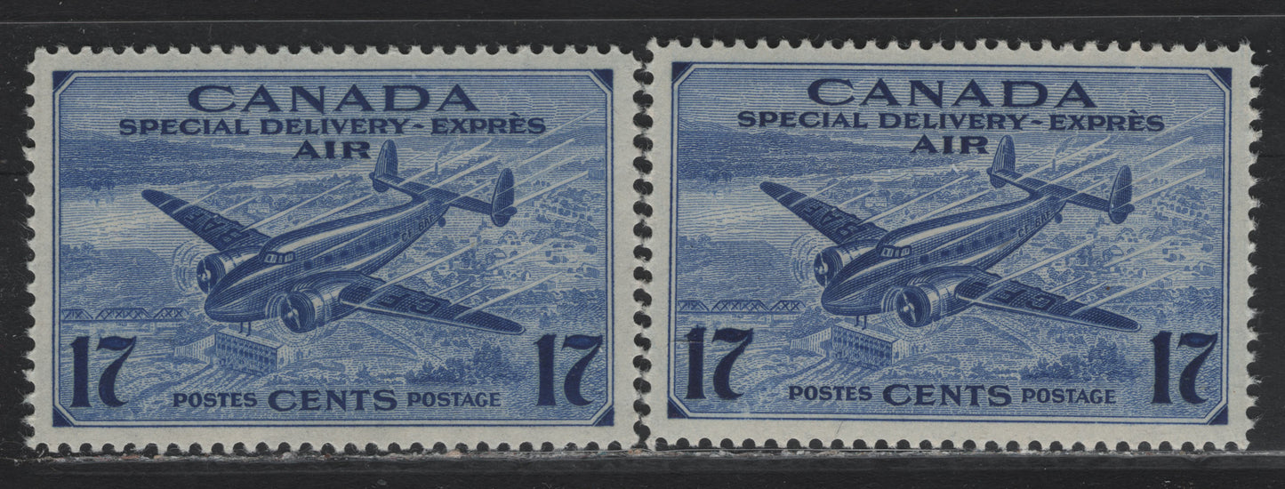 Lot 266 Canada #CE2 17c Deep Ultramarine - Deep Violet Blue Trans-Canada Airplane, 1942-1943 Airmail Special Delivery Issue, 2 VFNH Singles, CBN-KKKKK Paper, Perf 11.95x11.9