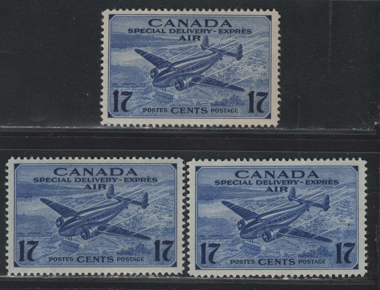 Lot 267 Canada #CE2 17c Deep Bright Ultramarine, Deep Ultramarine & Deep Violet Blue Trans-Canada Airplane, 1942-1943 Airmail Special Delivery Issue, 3 VFOG Singles, CBN-KKKKK Paper, Unchecked As to Perfs