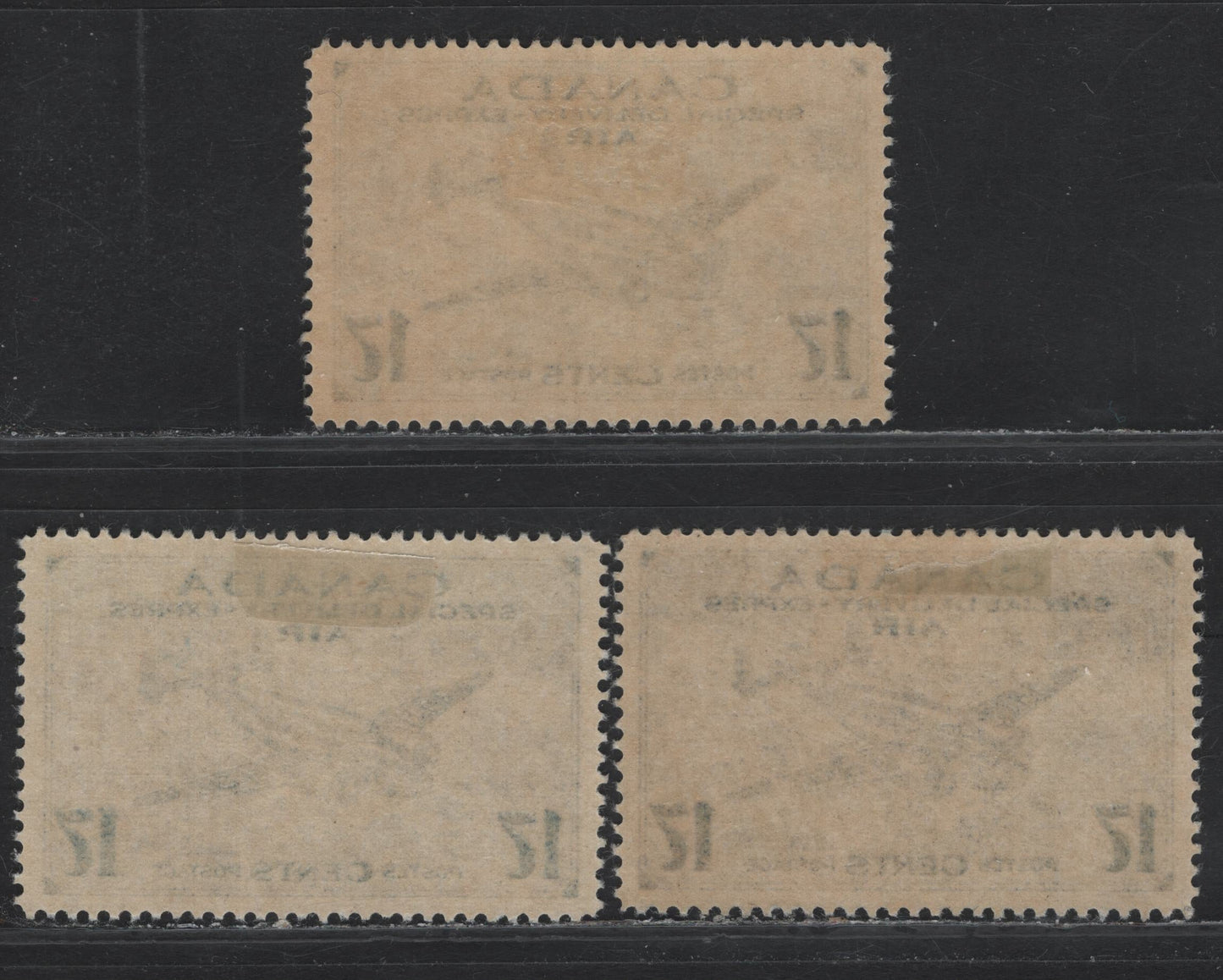Lot 267 Canada #CE2 17c Deep Bright Ultramarine, Deep Ultramarine & Deep Violet Blue Trans-Canada Airplane, 1942-1943 Airmail Special Delivery Issue, 3 VFOG Singles, CBN-KKKKK Paper, Unchecked As to Perfs