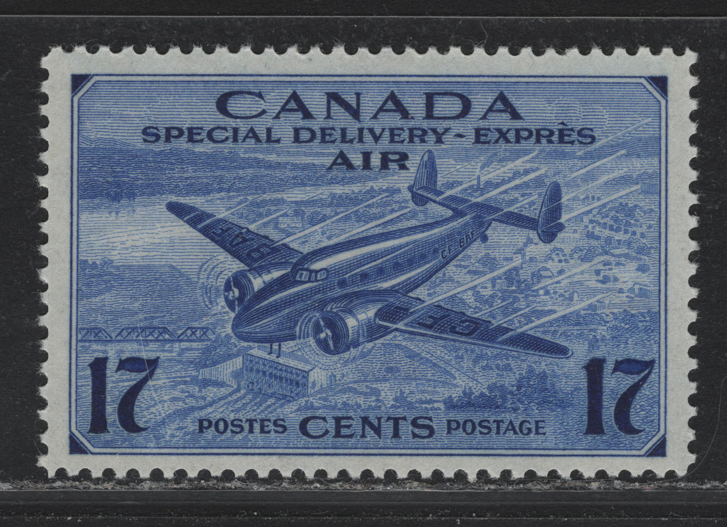 Lot 269 Canada #CE2 17c Bright Ultramarine Trans-Canada Airplane, 1942-1943 Airmail Special Delivery Issue, A VFNH Single, CBN-OOOO Paper, Perf 12x11.9