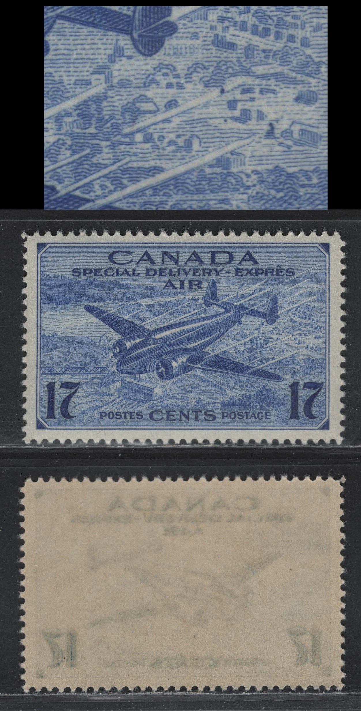 Lot 270 Canada #CE2var 17c Ultramarine Trans-Canada Airplane, 1942-1943 Airmail Special Delivery Issue, A VFNH Single, CBN-OOOO Paper, Perf 11.9, Showing Unlisted 'Bystanders' Variety.