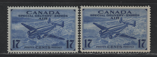 Lot 168 Canada #CE2 17c Deep & Deep Bright Ultramarine Trans-Canada Airplane, 1942-1943 Airmail Special Delivery Issue, 2 VFNH Singles, CBN-OOOO Paper, Unchecked As to Exact Perforation