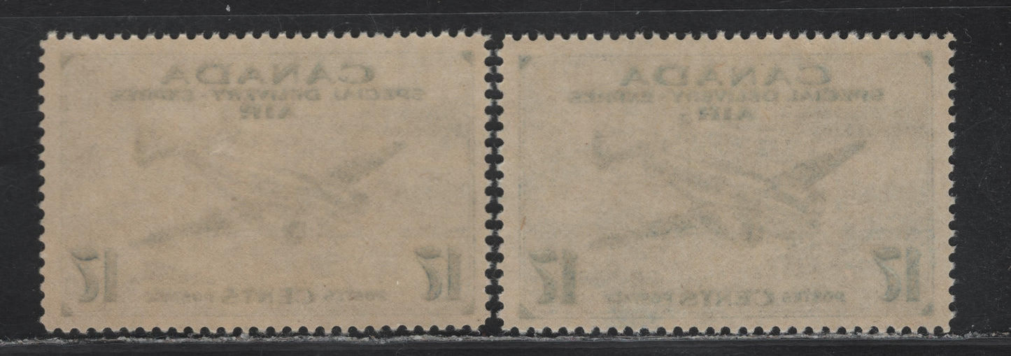 Lot 271 Canada #CE2 17c Deep & Deep Bright Ultramarine Trans-Canada Airplane, 1942-1943 Airmail Special Delivery Issue, 2 VFNH Singles, CBN-OOOO Paper, Unchecked As to Exact Perforation