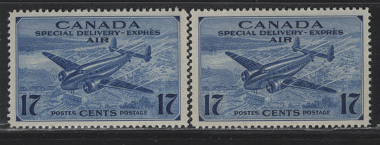 Lot 167 Canada #CE2 17c Deep Ultramarine & Deep Violet Blue Trans-Canada Airplane, 1942-1943 Airmail Special Delivery Issue, 2 VFNH Singles, CBN-QQQ Paper, Perfs 11.9x11.8 & 11.85x12