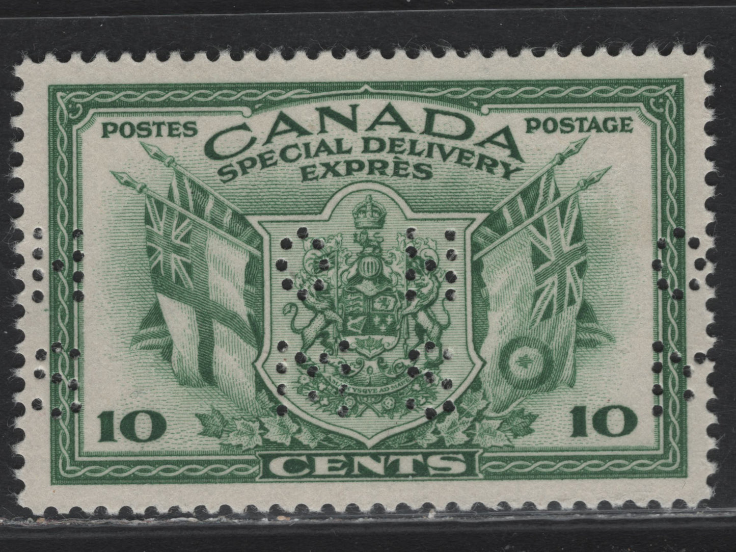 Lot 275 Canada #O9-E10 10c Green Arms & Flags, 1942 War Issue Special Delivery, A VFOG Single, CBN-IIIII Paper, Perf 12.05x11.95, 4-Hole OHMS Perfin, Original Die, Pos. 1.