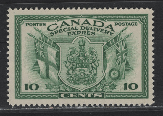 Lot 169 Canada #E10 10c Green Arms & Flags, 1942 War Issue Special Delivery, A VFNH Single, CBN-KKKK Paper, Unchecked As To Perf