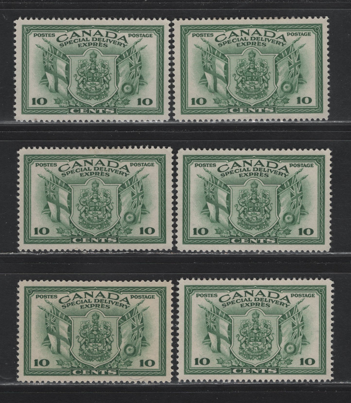 Lot 282 Canada #E10 10c Green Arms & Flags, 1942 War Issue Special Delivery, 6 VFOG Singles, CBN-KKKK Paper, Perfs 11.95x12, 12x12, 11.95, 11.95x11.85, 11.9x12 & 12x11.85
