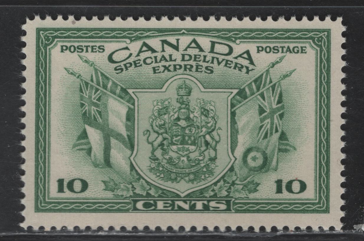 Lot 284 Canada #E10 10c Green Arms & Flags, 1942 War Issue Special Delivery, A VFNH Single, CBN-KKKK Paper, Perf 11.9x12