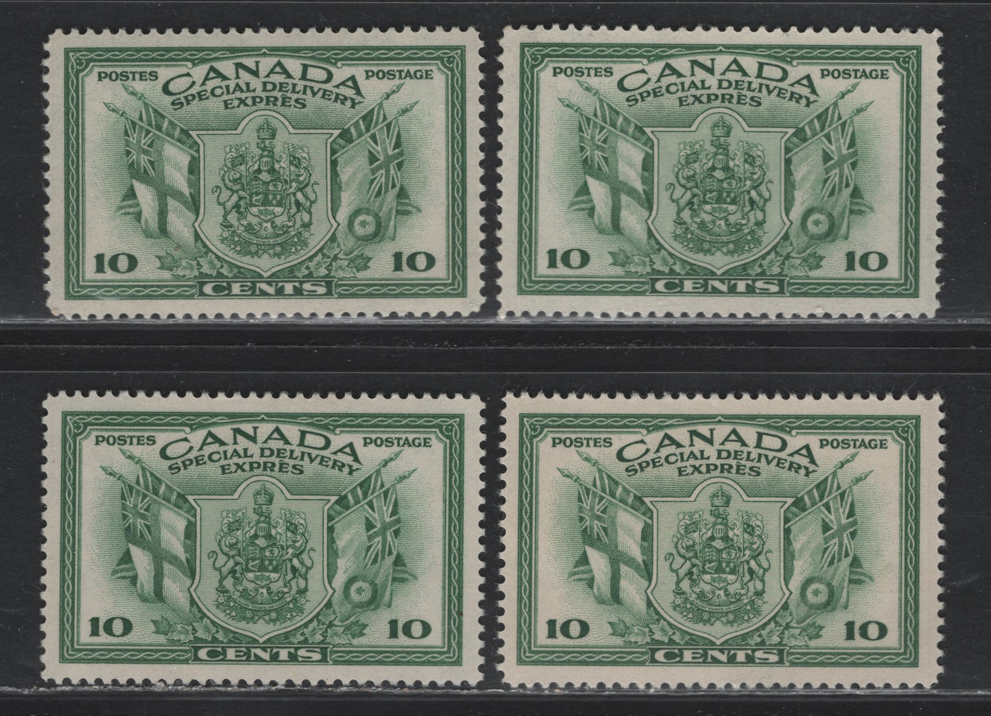 Lot 286 Canada #E10 10c Green Arms & Flags, 1942 War Issue Special Delivery, 4 VFOG Singles, CBN-LLLLL & CBN-IIII Papers, Perfs 11.9x12, 11.95x11.85, 11.95x12 & 11.9