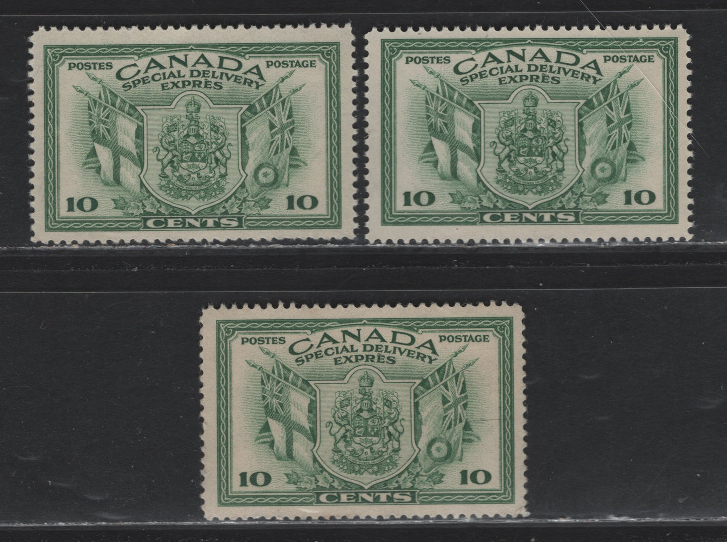 Lot 287 Canada #E10 10c Green Arms & Flags, 1942 War Issue Special Delivery, 3 FNH Singles, CBN-KK, CBN-KKKK & CBN-NNNN Papers, Perfs 11.9x12, 11.9 & 11.9x11.85