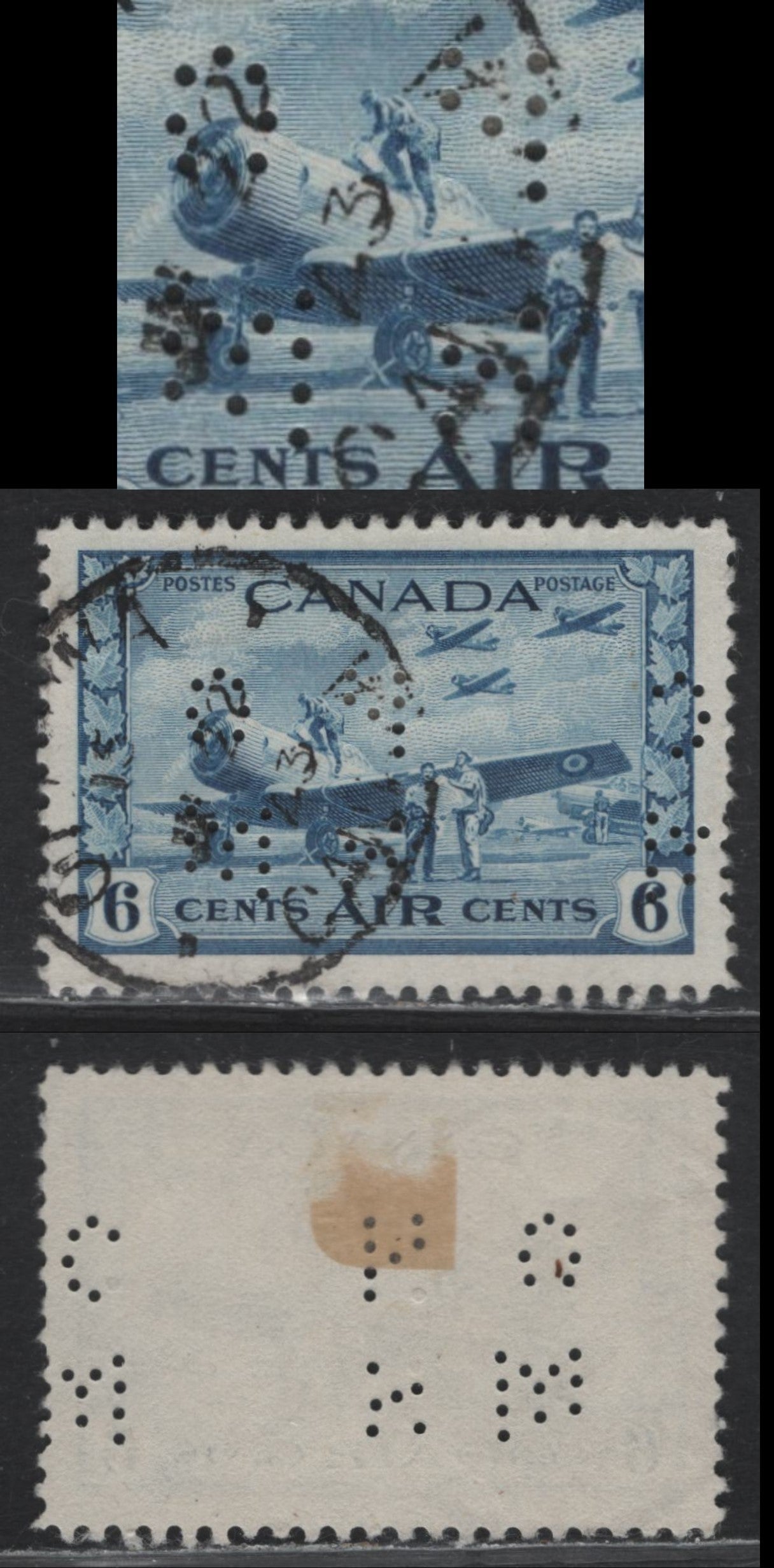 Lot 288 Canada #O9-C7 6c Blue Air Training Plan, 1942-1943 Airmail War Issue, A Very Fine Used Single, 4-Hole OHMS Perfin, Original Die1, Pos. 1, Showing Missing On All Letters, Unchecked With Resepct to Paper & Perf.