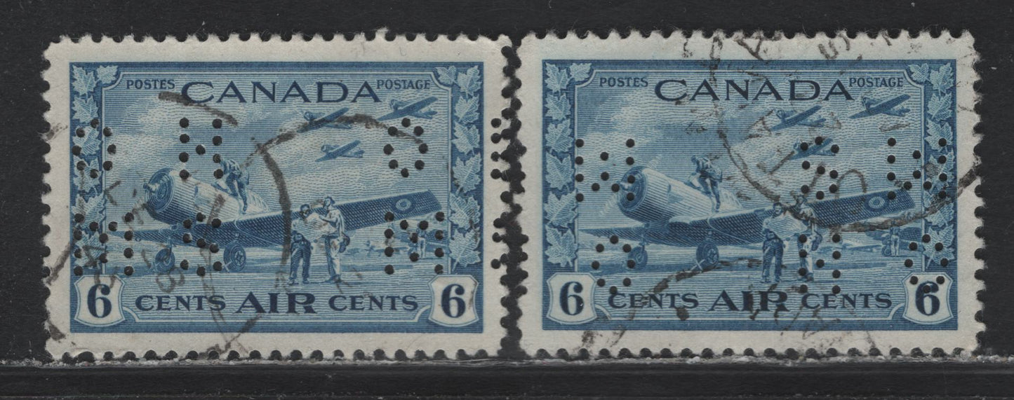 Lot 289 Canada #O9-C7 6c Dull Blue Air Training Plan, 1942-1943 Airmail War Issue, 2 Very Fine Used Blocks of 4, 4-Hole OHMS Perfin, Original Die1, Upright & Inverted (Pos. 1 & 3), Unchecked As to Paper & Perf.