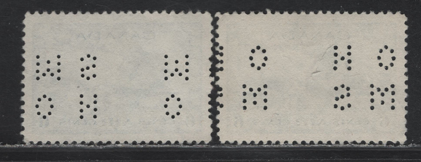 Lot 289 Canada #O9-C7 6c Dull Blue Air Training Plan, 1942-1943 Airmail War Issue, 2 Very Fine Used Blocks of 4, 4-Hole OHMS Perfin, Original Die1, Upright & Inverted (Pos. 1 & 3), Unchecked As to Paper & Perf.