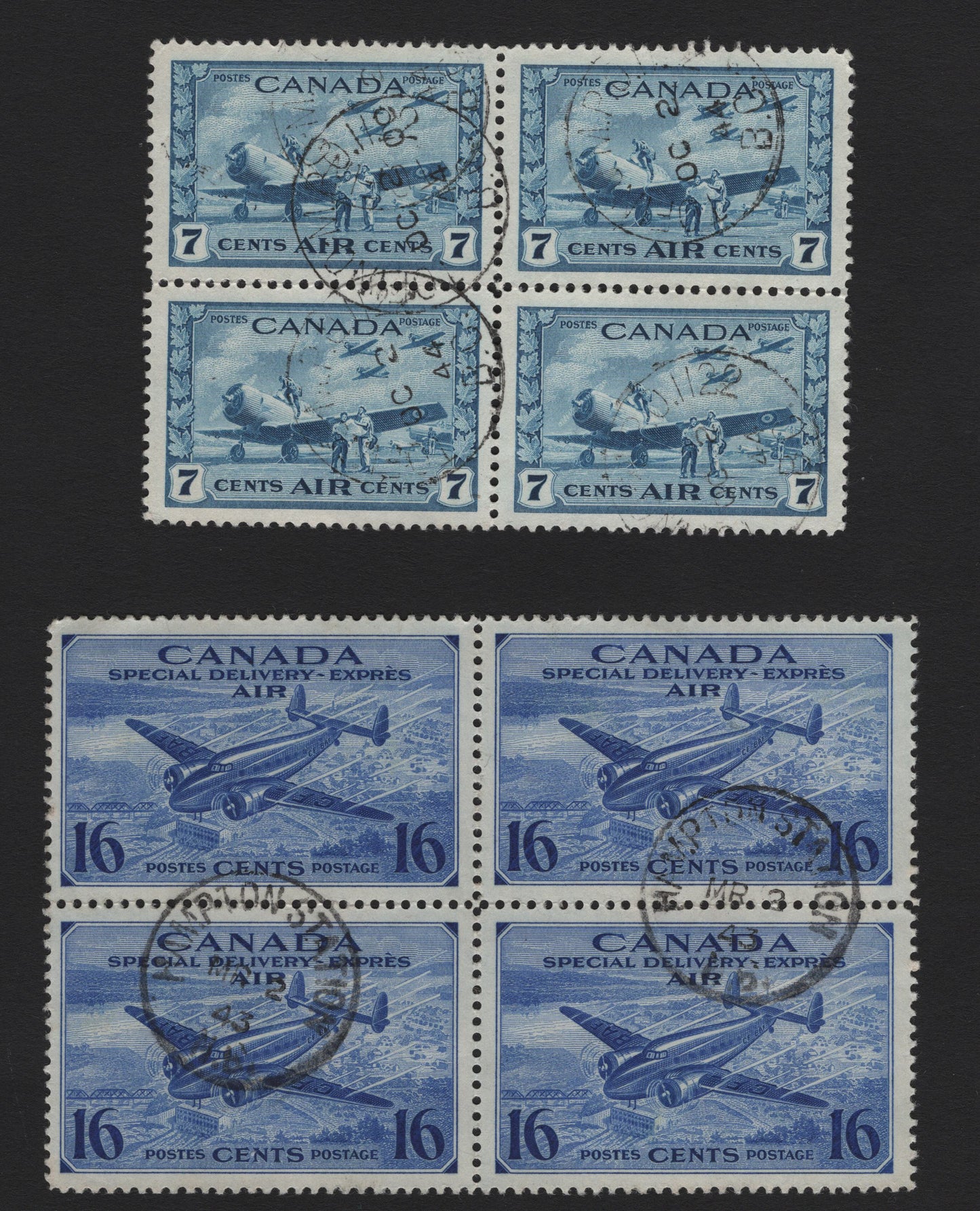 Lot 290 Canada #C8, CE1 7c - 16c Dull Blue - Ultramarine Air Training Plan - Trans-Canada Flight, 1942-1943 Airmail & Special Delivery War Issues, 2 Very Fine Used Blocks of 4, CBN-AAAAA & CBN-HHHHH Papers, Perfs 11.9x12 & 12, CDS Cancels.
