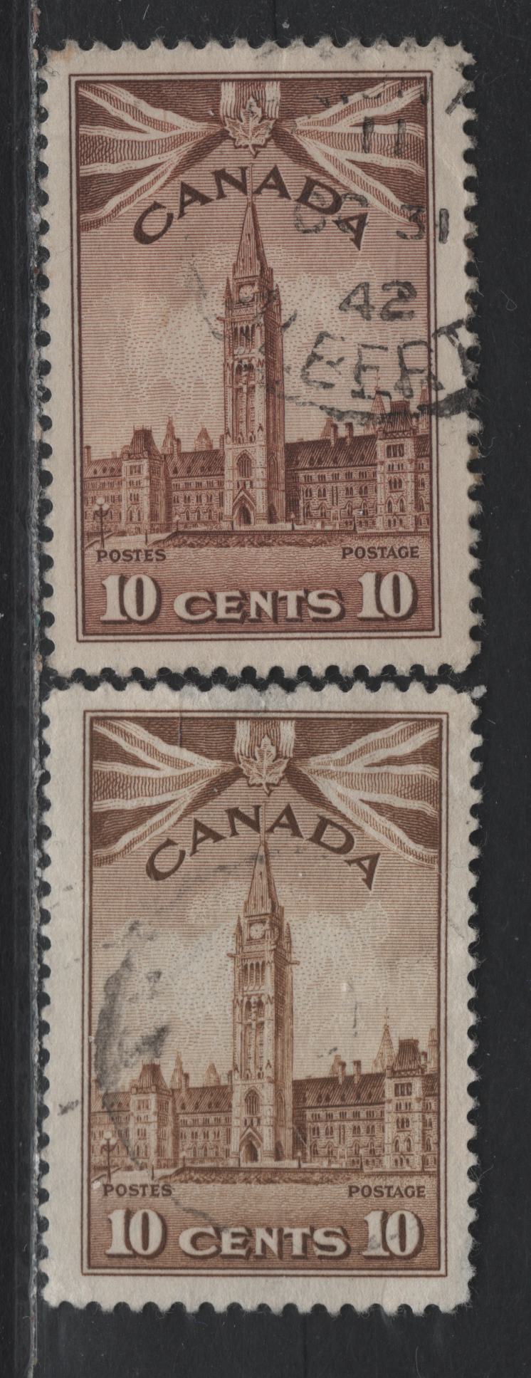 Lot 292 Canada #257var 10c Yellow Brown , 1942-1943 KGVI War Issue, 2 Very Fine Used Singles, With Normal Reddish Chocolate Shade, This Must Be A Color Changeling, As I Have Yet To See A Mint Example On Translucent Paper, With No Visible Mesh.