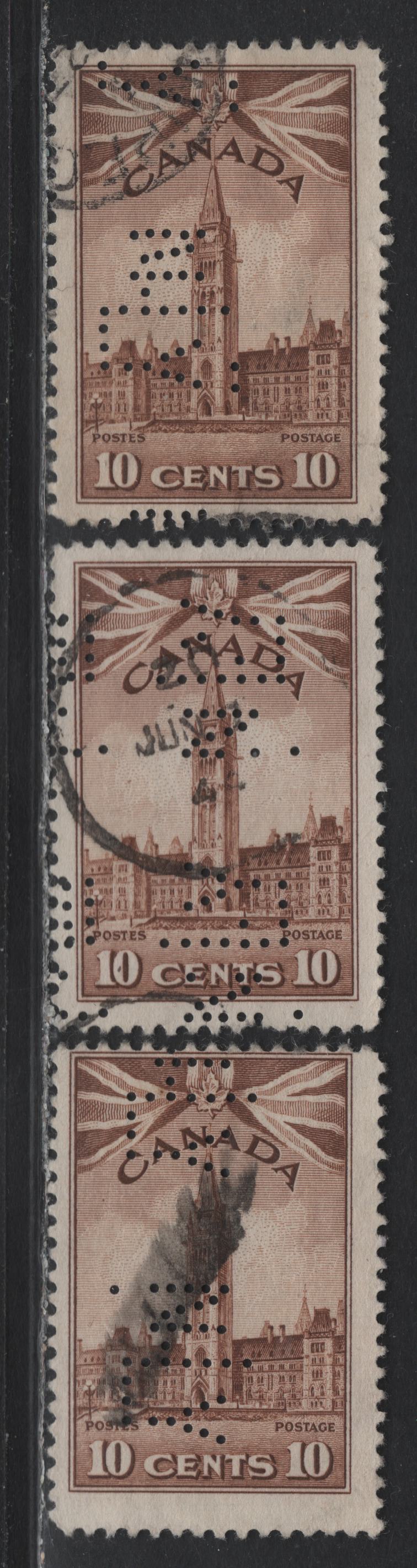 Lot 294 Canada #257 10c Brown Parliament Buildings, 1942-1943 KGVI War Issue, 5 Very Good/Fine/Very Fine Used Singles, New York Life Insurance Co Perfins From Various Offices & Positions, , .
