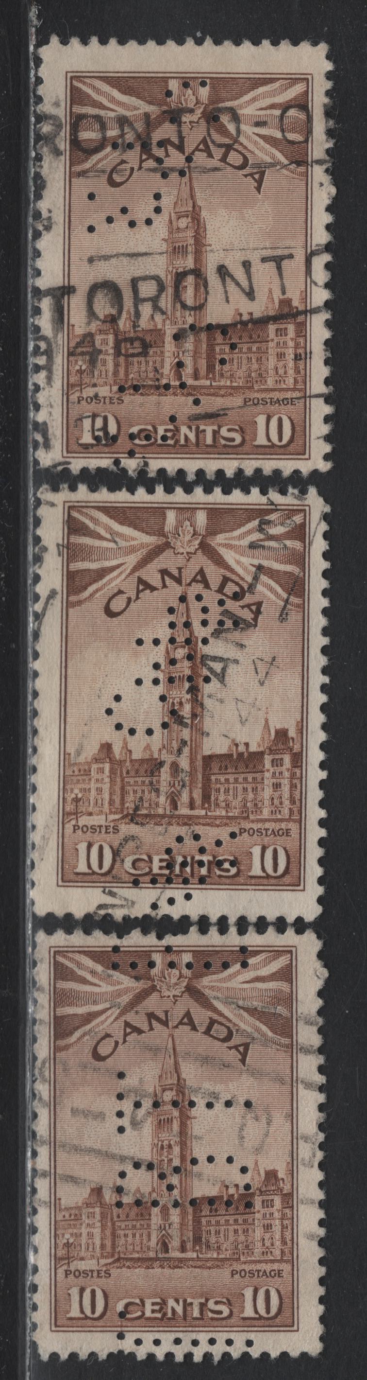 Lot 295 Canada #257 10c Brown Parliament Buildings, 1942-1943 KGVI War Issue, 6 Very Good/Fine Used Singles, CPR, CNR & Bell Telephone Perfins, Unchecked As to Paper, Perfs & Positions