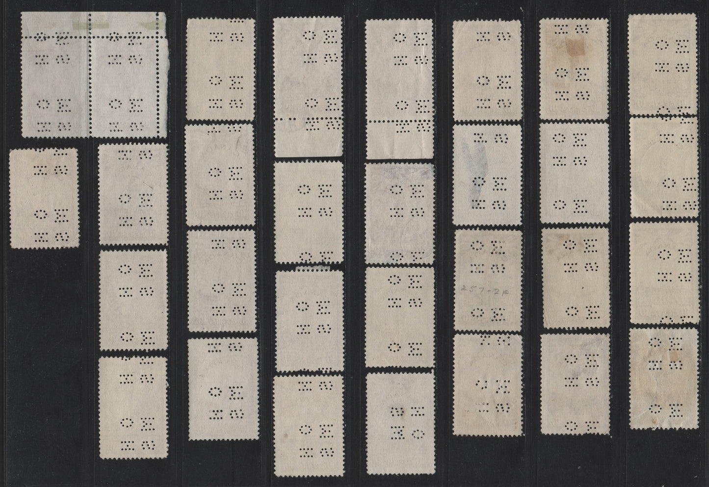 Lot 296 Canada #O9-257, O10-257 10c Brown Parliament Buildings, 1942-1943 KGVI War Issue, 30 Fine/Very Fine Used Singles, 4-Hole OHMS Perfins From Pos. 2, Unchecked As To Die Type, Paper & Perfs