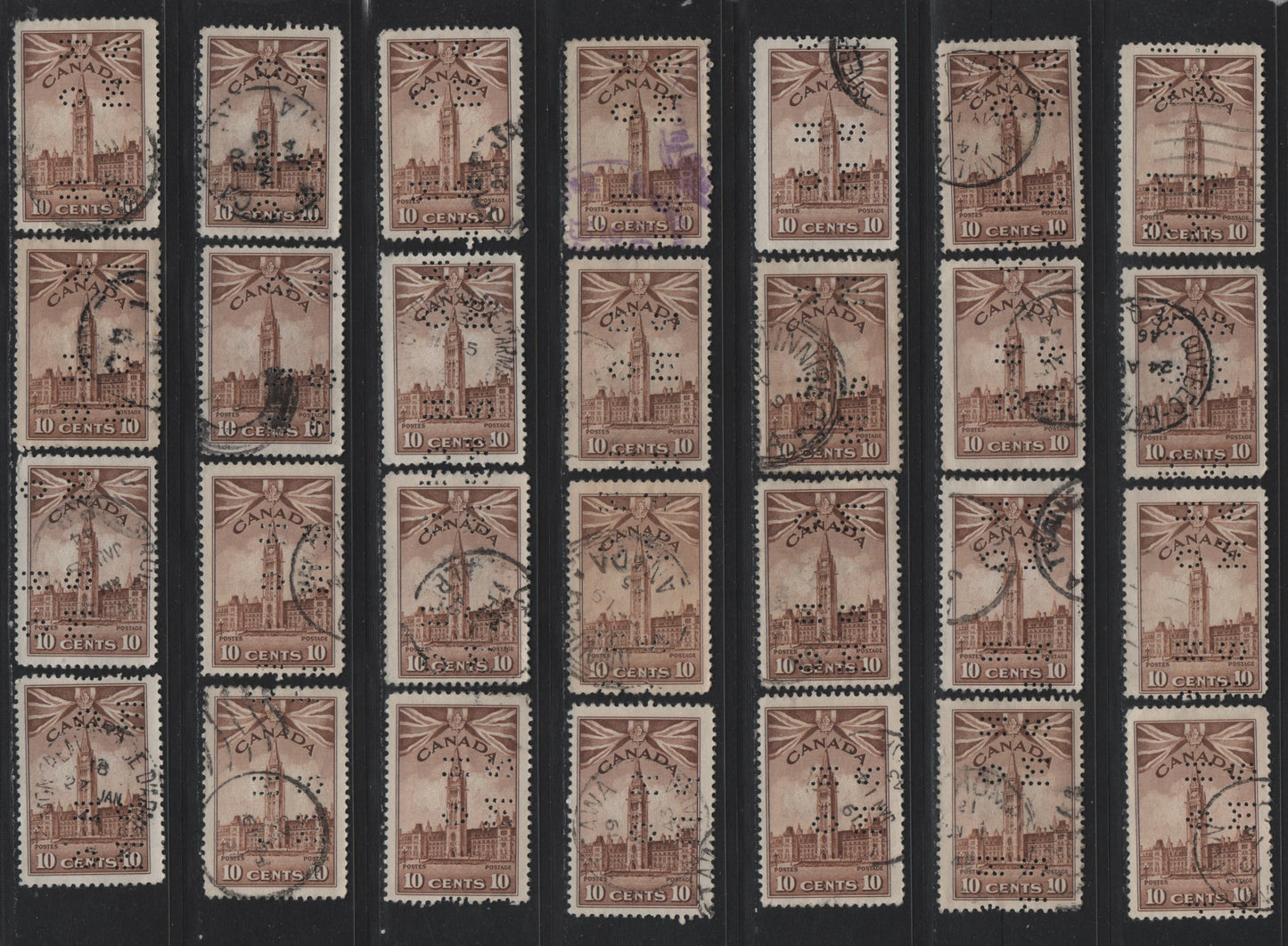 Lot 297 Canada #O9-257, O10-257 10c Brown Parliament Buildings, 1942-1943 KGVI War Issue, 49 Fine Used Singles, 4-Hole OHMS Perfins From Pos. 4, Unchecked As To Die Type, Paper & Perfs