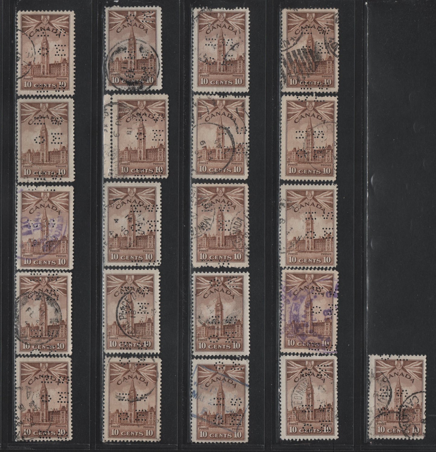 Lot 297 Canada #O9-257, O10-257 10c Brown Parliament Buildings, 1942-1943 KGVI War Issue, 49 Fine Used Singles, 4-Hole OHMS Perfins From Pos. 4, Unchecked As To Die Type, Paper & Perfs