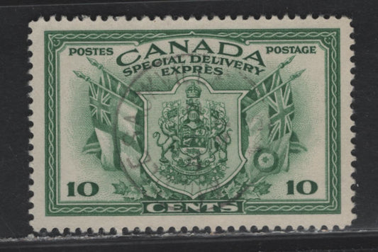 Lot 299 Canada (C) #E10 10c Green Arms & Flags, 1942 War Issue Special Delivery, A Very Fine Used Single, Translucent Paper With No Visible Mesh Perf 11.9x12 With Lightest Strike Of June 2 1941 Middle Sackville NS CDS Cancel.