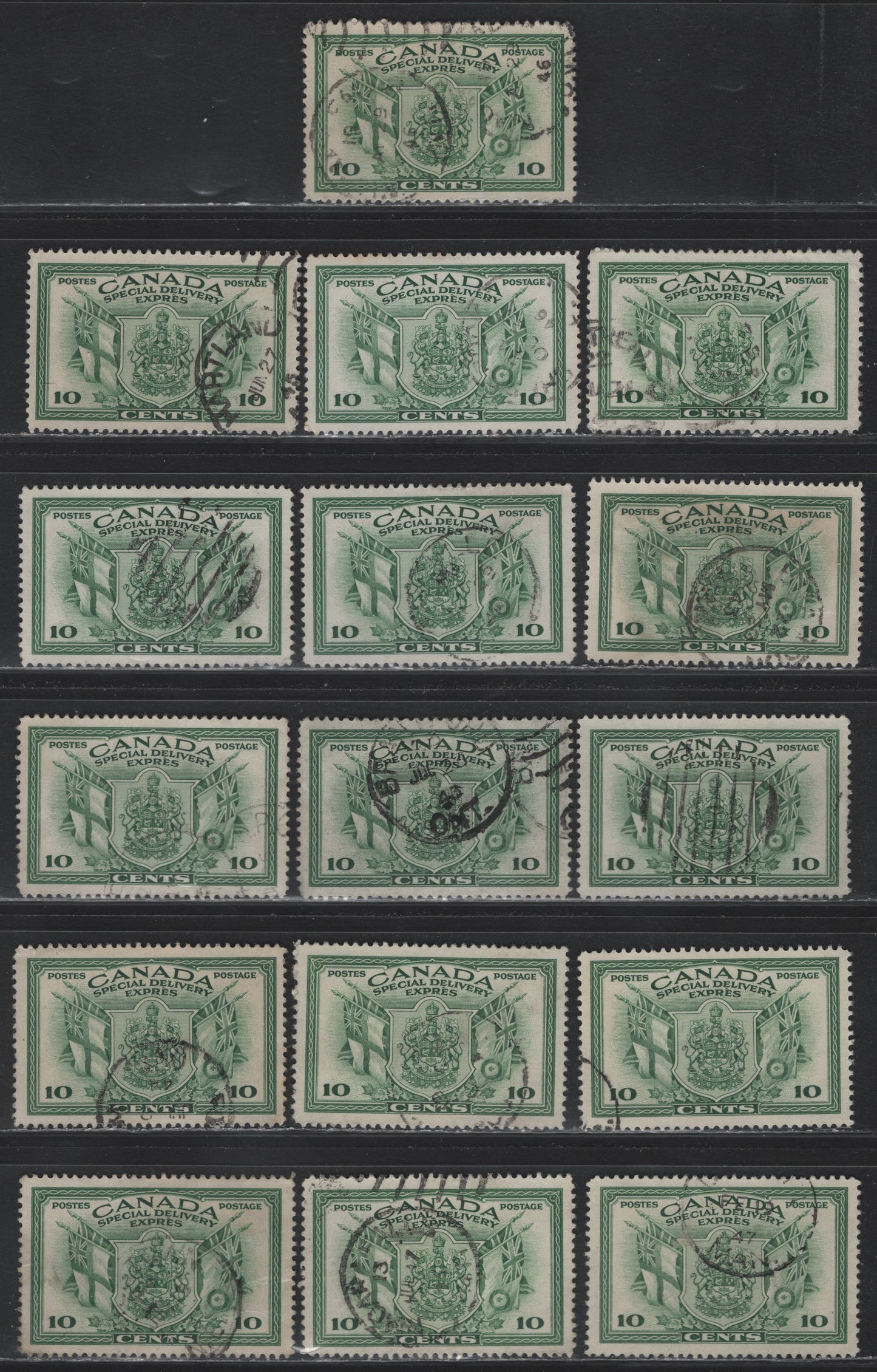 Lot 300 Canada #E10 10c Green Arms & Flags, 1942 War Issue Special Delivery, 16 Very Fine Used Singles, Unchecked As To Paper Type