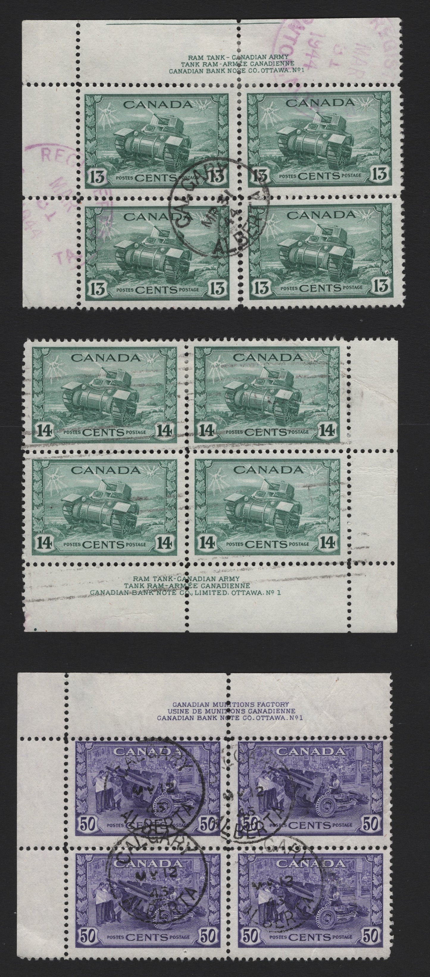 Lot 301 Canada #258-259, 261 13c - 50c Myrtle Green - Bright Violet RAM Tank - Munitions Factory, 1942-1943 KGVI War Issue, 3 Fine Used UL & LR Plate 1 Blocks Of 4, Roller May 12 1945 & March 31 1944 Calgary Cancels