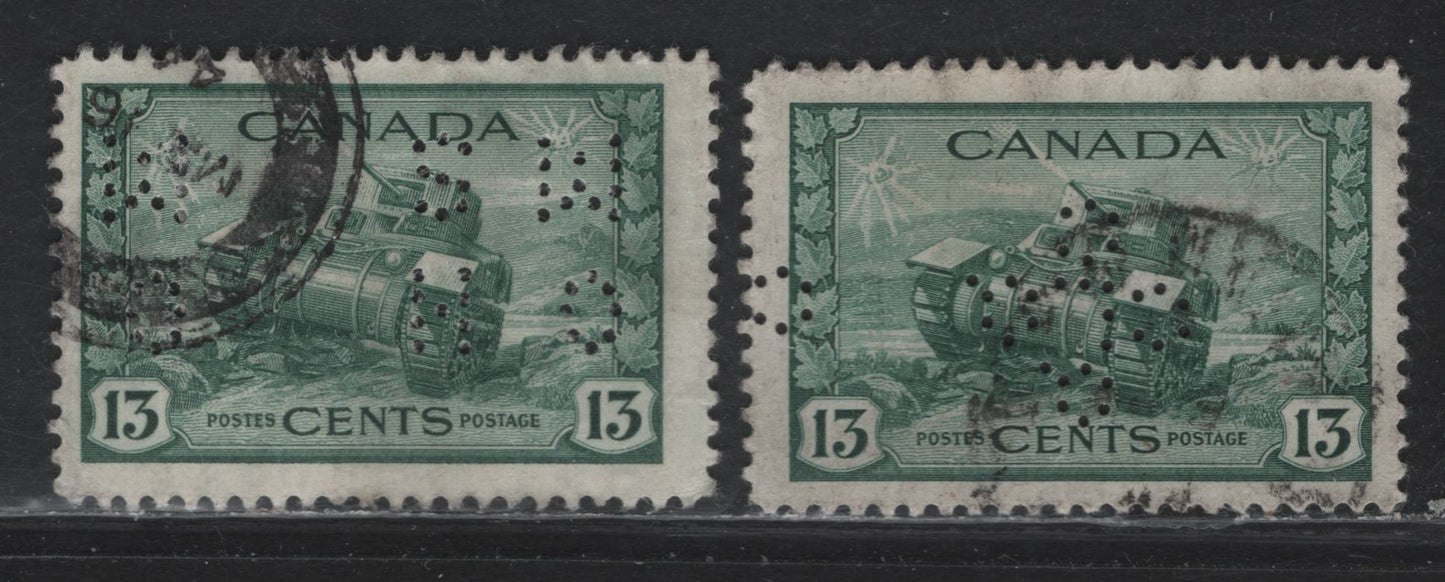 Lot 302 Canada #258 13c Myrtle Green Ram Tank, 1942-1943 KGVI War Issue, 2 Fine Used Singles, 4-Hole OHMS Perfin, Original Die From Pos. 3, Quebec Liquor Commission Perfin From Pos. 1.