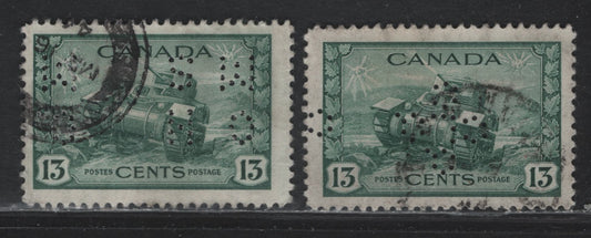 Lot 302 Canada #258 13c Myrtle Green Ram Tank, 1942-1943 KGVI War Issue, 2 Fine Used Singles, 4-Hole OHMS Perfin, Original Die From Pos. 3, Quebec Liquor Commission Perfin From Pos. 1.