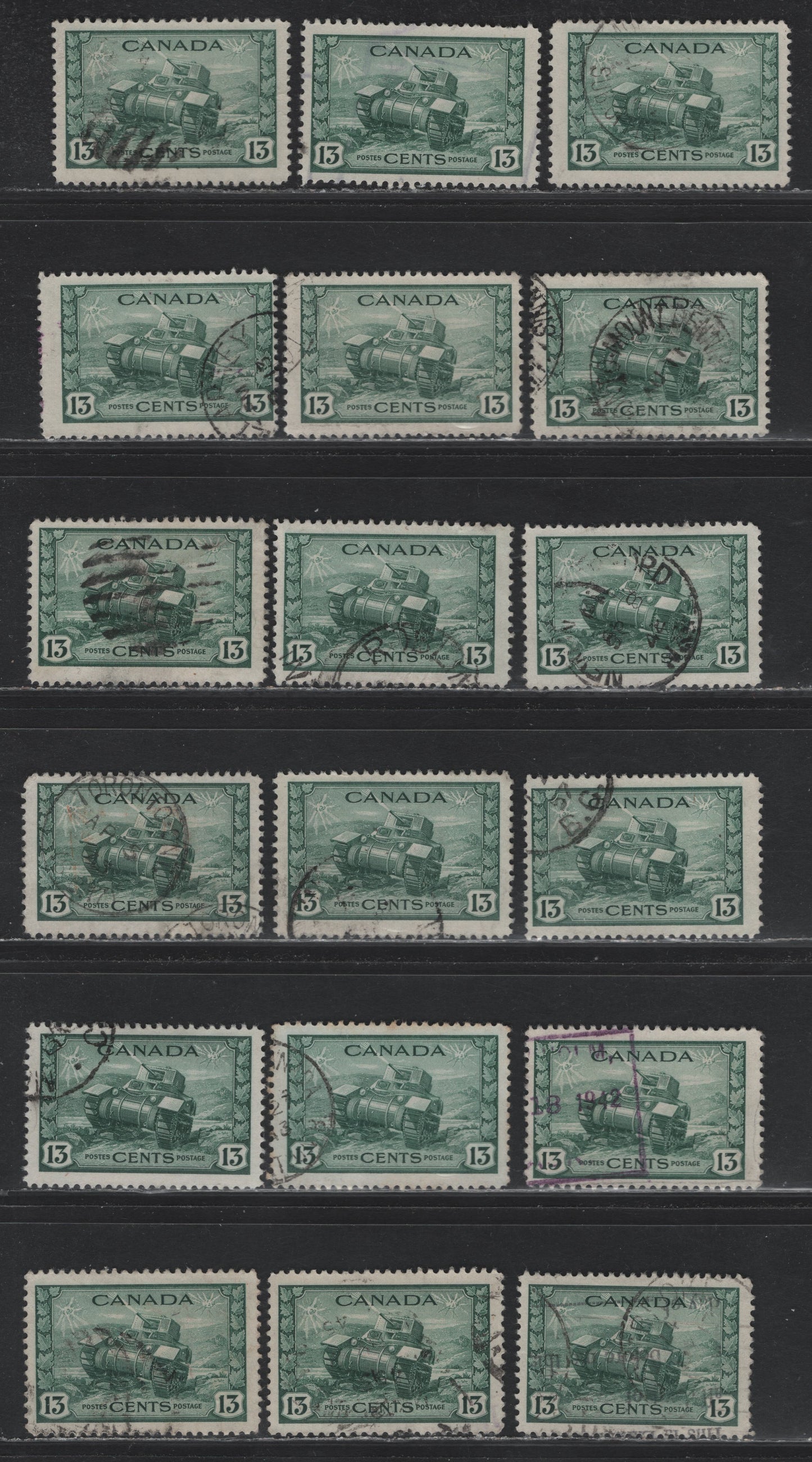 Lot 303 Canada #258 13c Myrtle Green Ram Tank, 1942-1943 KGVI War Issue, 18 Fine Used Singles, Unchecked As To Paper Type & Perfs