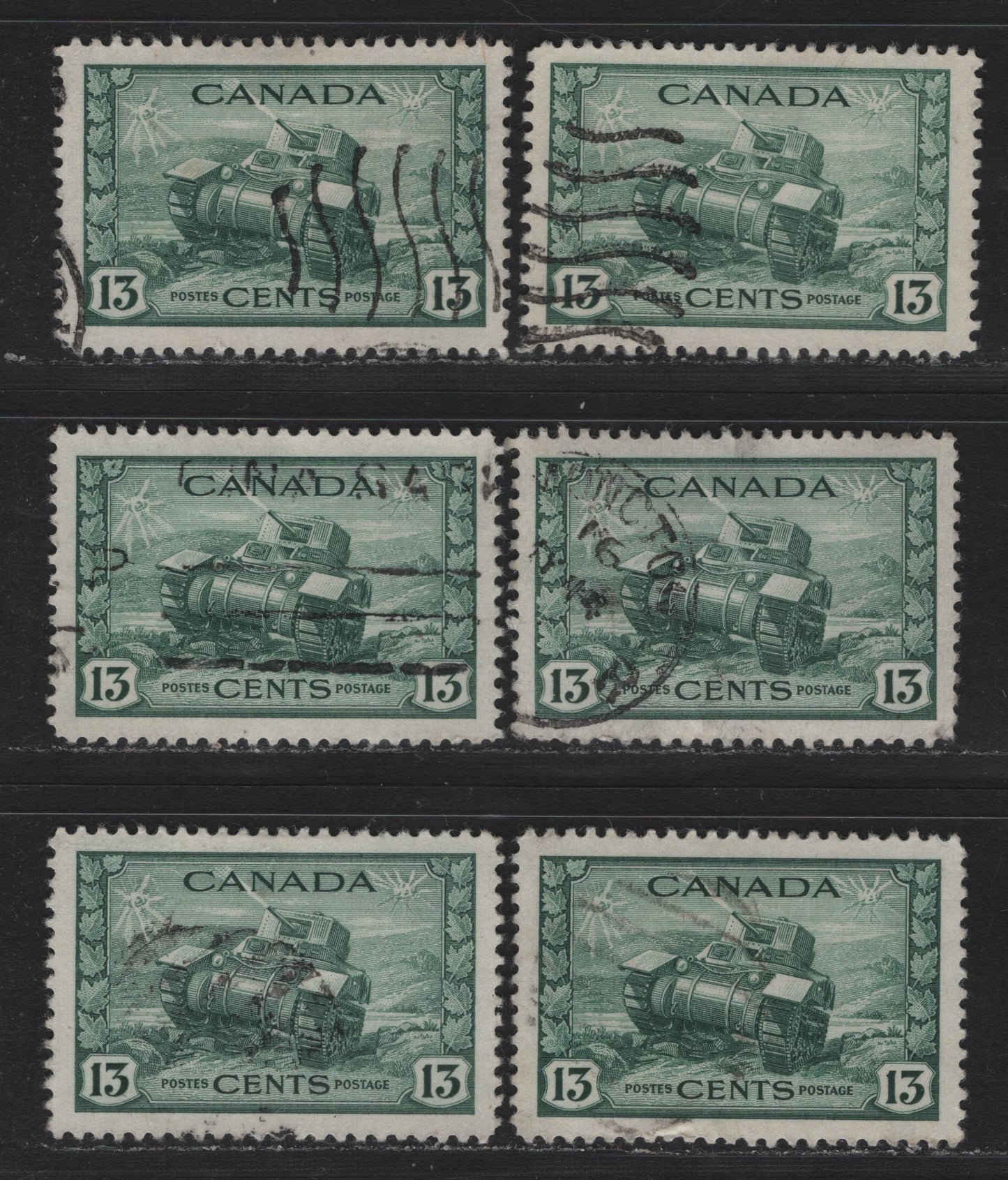 Lot 304 Canada #258 13c Myrtle Green Ram Tank, 1942-1943 KGVI War Issue, 6 Very Fine Used Singles, Completely Unchecked As To Shade & Perforations