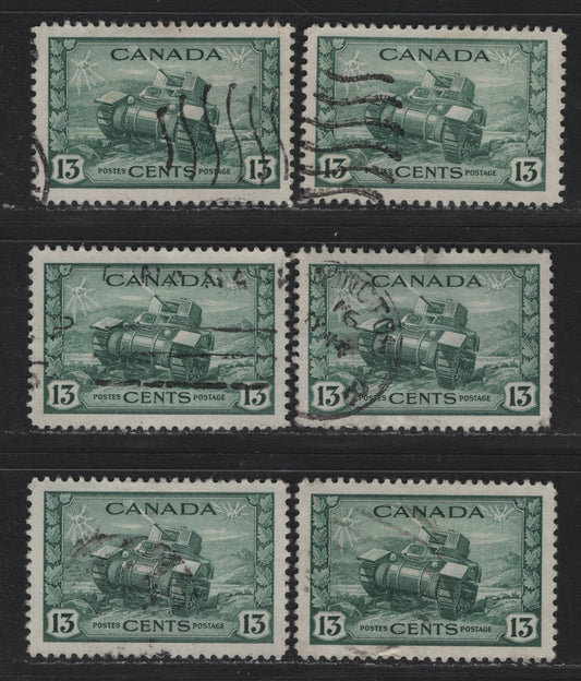 Lot 304 Canada #258 13c Myrtle Green Ram Tank, 1942-1943 KGVI War Issue, 6 Very Fine Used Singles, Completely Unchecked As To Shade & Perforations