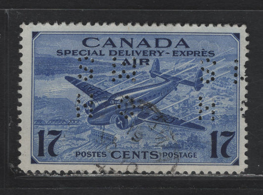 Lot 305 Canada #O9-CE2 17c Deep Ultramarine Trans-Canada Airplane, 1942-1943 Airmail Special Delivery Issue, A Fine Used Single, BABN-QQQ Paper, Perf 12x11.9, 4-Hole OHMS Perfin, Original Die, Pos. 3.