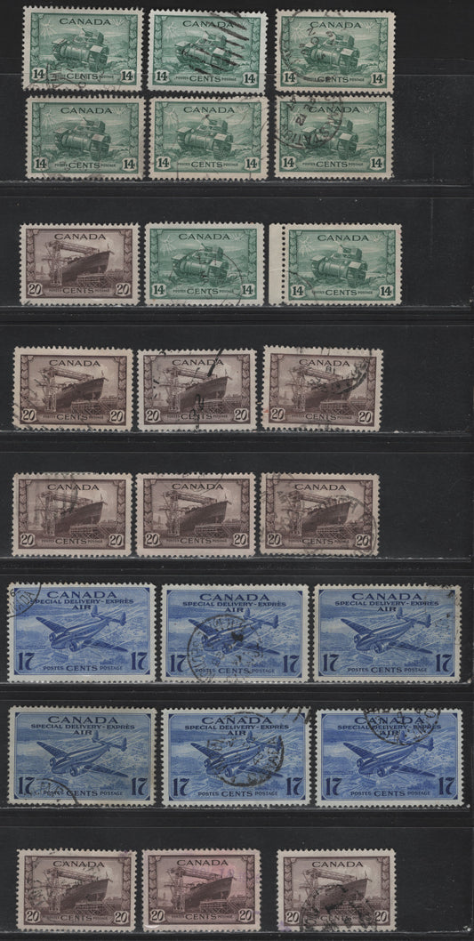 Lot 306 Canada #259-260, CE2 14c - 17c Myrtle Green - Bright Ultramarine Ram Tank - Trans-Canada Airplane, 1942-1943 War & Airmail Special Delivery Issues, 24 Very Fine Used Singles, Unchecked With Respect To Paper Types & Perfs, Ideal For Study