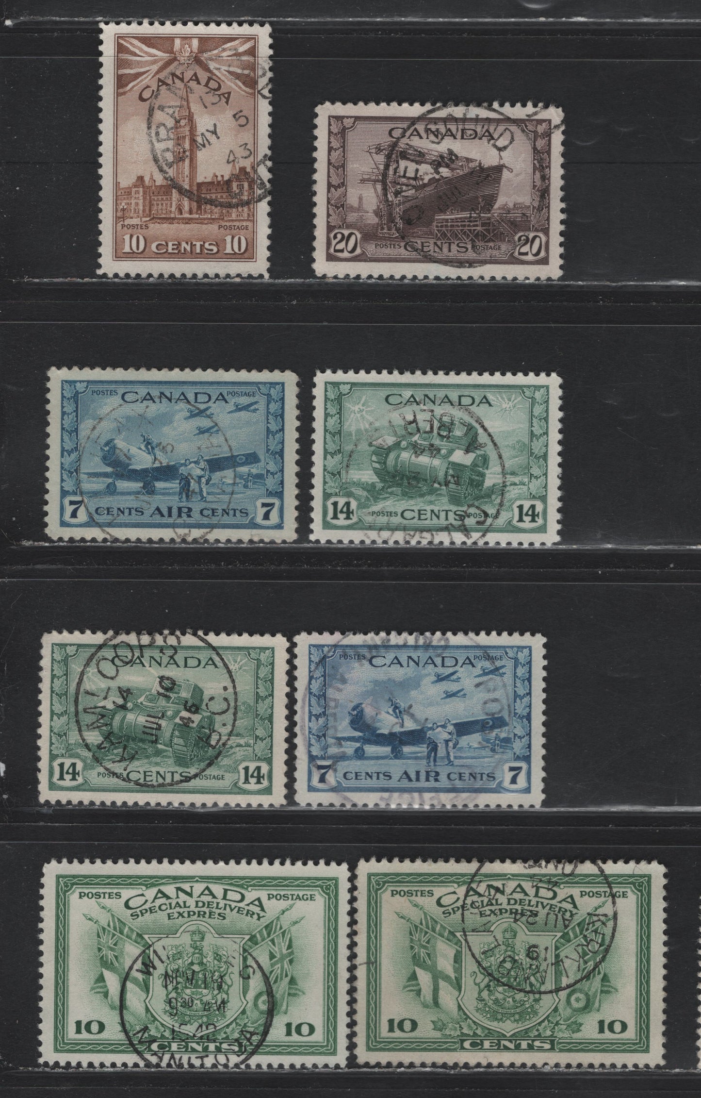Lot 308 Canada #257, 259-260, C8, E10 10c - 10c Brown - Green Parliament Buildings - Arms & Flag, 1942-1943 War Definitives - Special Delivery Issues, 8 Very Fine Used Singles, SON CDS Cancels, Unchecked As To Paper Types & Perfs
