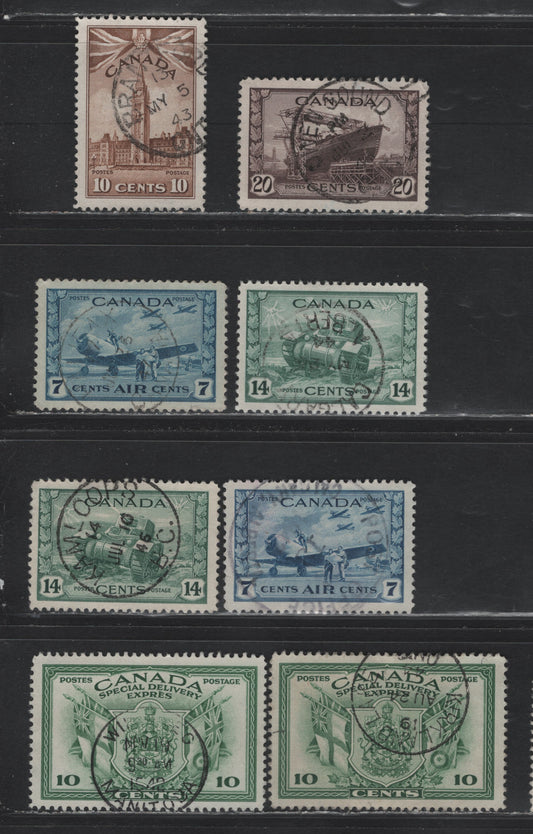 Lot 308 Canada #257, 259-260, C8, E10 10c - 10c Brown - Green Parliament Buildings - Arms & Flag, 1942-1943 War Definitives - Special Delivery Issues, 8 Very Fine Used Singles, SON CDS Cancels, Unchecked As To Paper Types & Perfs