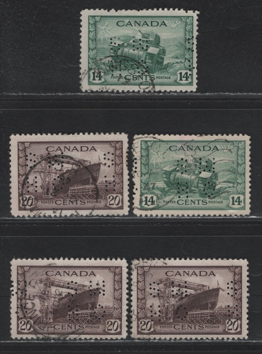 Lot 312 Canada #O10-259, O10-260 14c - 20c Myrtle Green - Chocolate Ram Tank - Corvette, 1942-1943 KGVI War Issue, 5 Fine Used Singles, 4-Hole OHMS Perfin, Revised Die From Pos. 3, Unchecked As To Paper Types & Perfs.