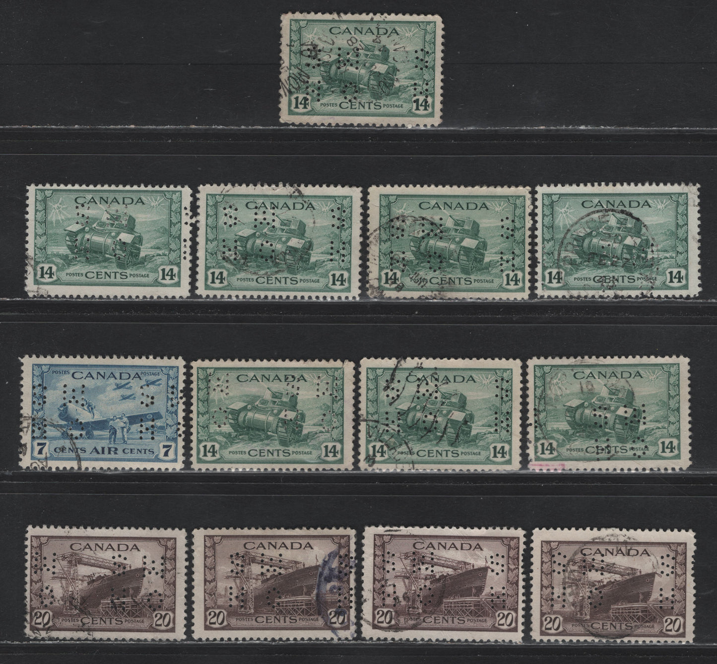 Lot 314 Canada #O9-259, O9-260, O9-C8 14c - 7c Myrtle Green - Dull Blue Ram Tank - Air Training Plan, 1942-1943 War - Airmail Issues, 40 Fine Used Singles, 4-Hole OHMS Perfins, Original Die Pos. 3, Unchecked As To Paper Types & Perfs.
