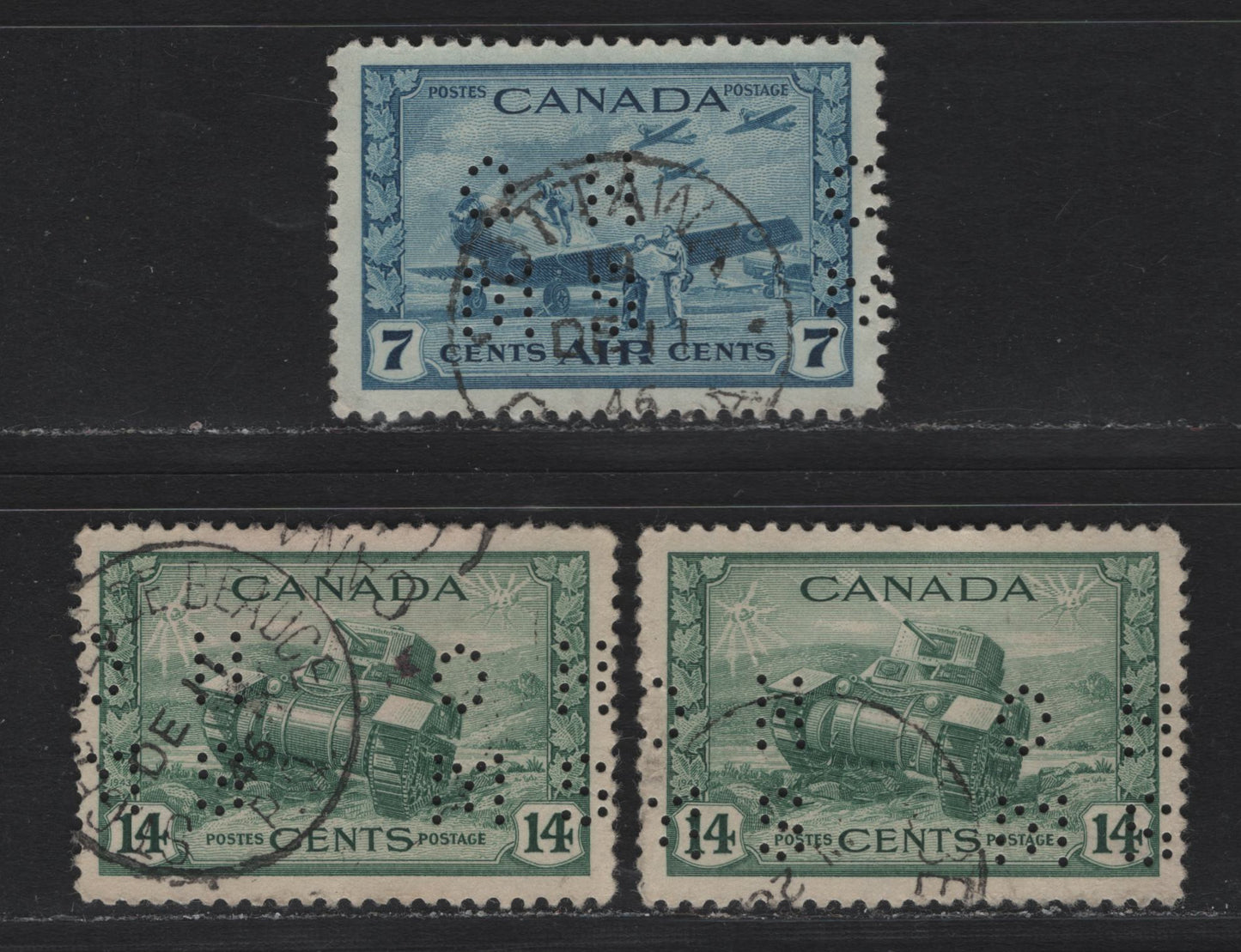 Lot 315 Canada #O9-259, O9-C8 14c - 7c Myrtle Green - Dull Blue Ram Tank - Air Training Plan, 1942-1943 War - Airmail Issues, 3 Very Fine Used Singles, 4-Hole OHMS Perfins, Revised Die, Pos. 1, Unchecked As To Paper Types & Perfs.