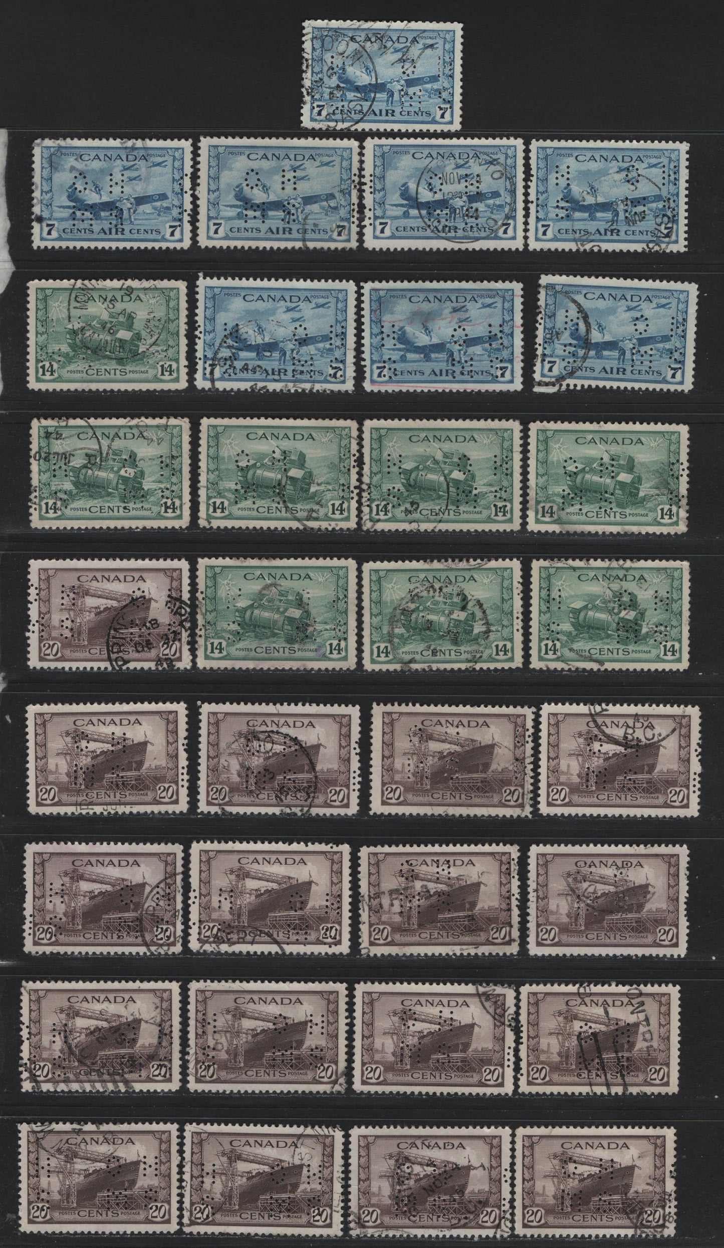 Lot 317 Canada #O9-259, O9-260, O9-C8 14c - 7c Myrtle Green - Dull Blue Ram Tank - Air Training Plan, 1942-1943 War - Airmail Issues, 33 Very Fine Used Singles, 4-Hole OHMS Perfin, Original Die, Pos. 1, Unchecked As To Paper Types & Perfs.