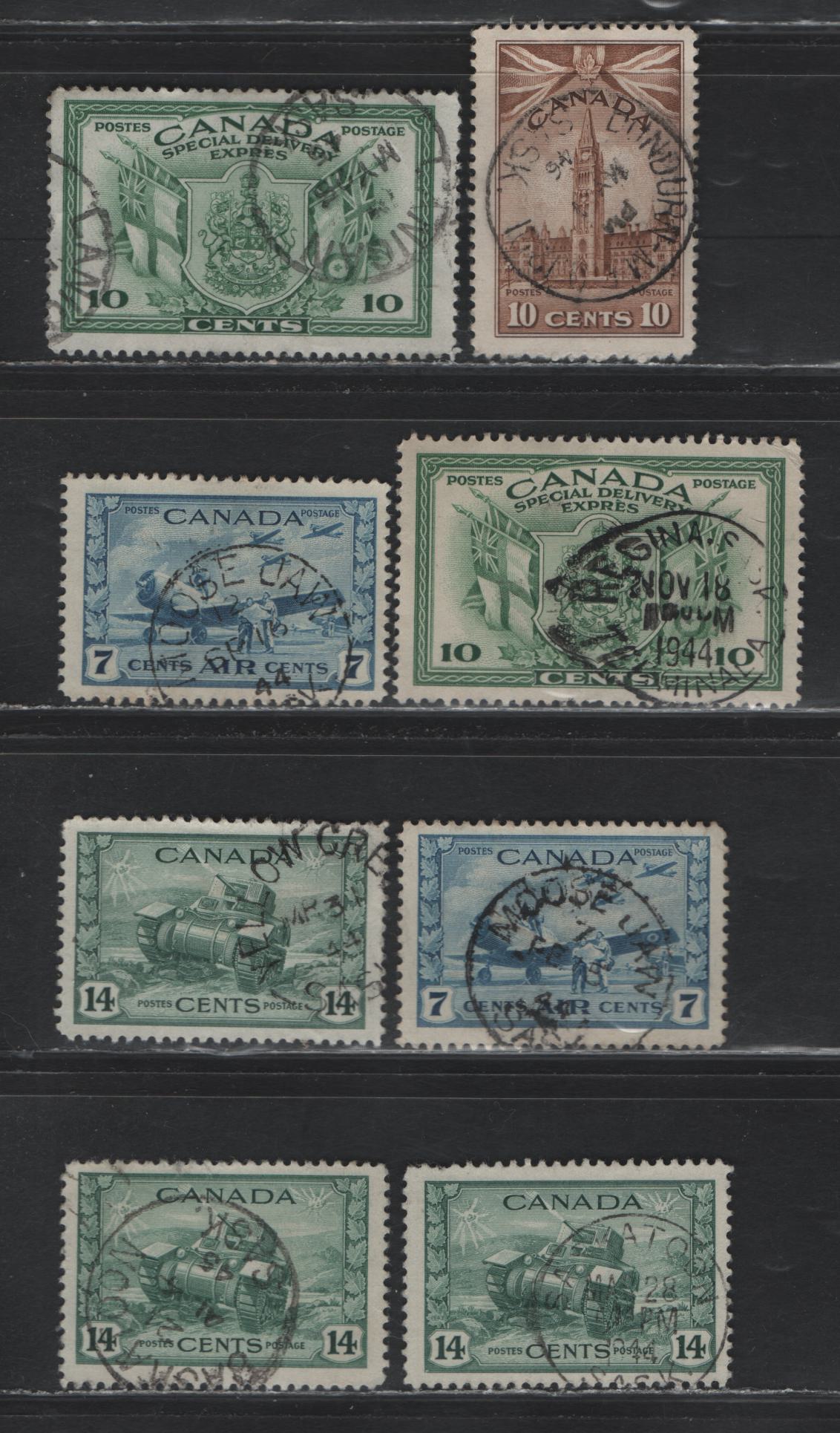 Lot 320 Canada #257, 259, C8, E10 10c - 10c Brown - Green Parliament Buildings - Arms & Flags, 1942-1943 War - Special Delivery Issues, 8 Fine/Very Fine Used Singles, Saskatchewan Cancels