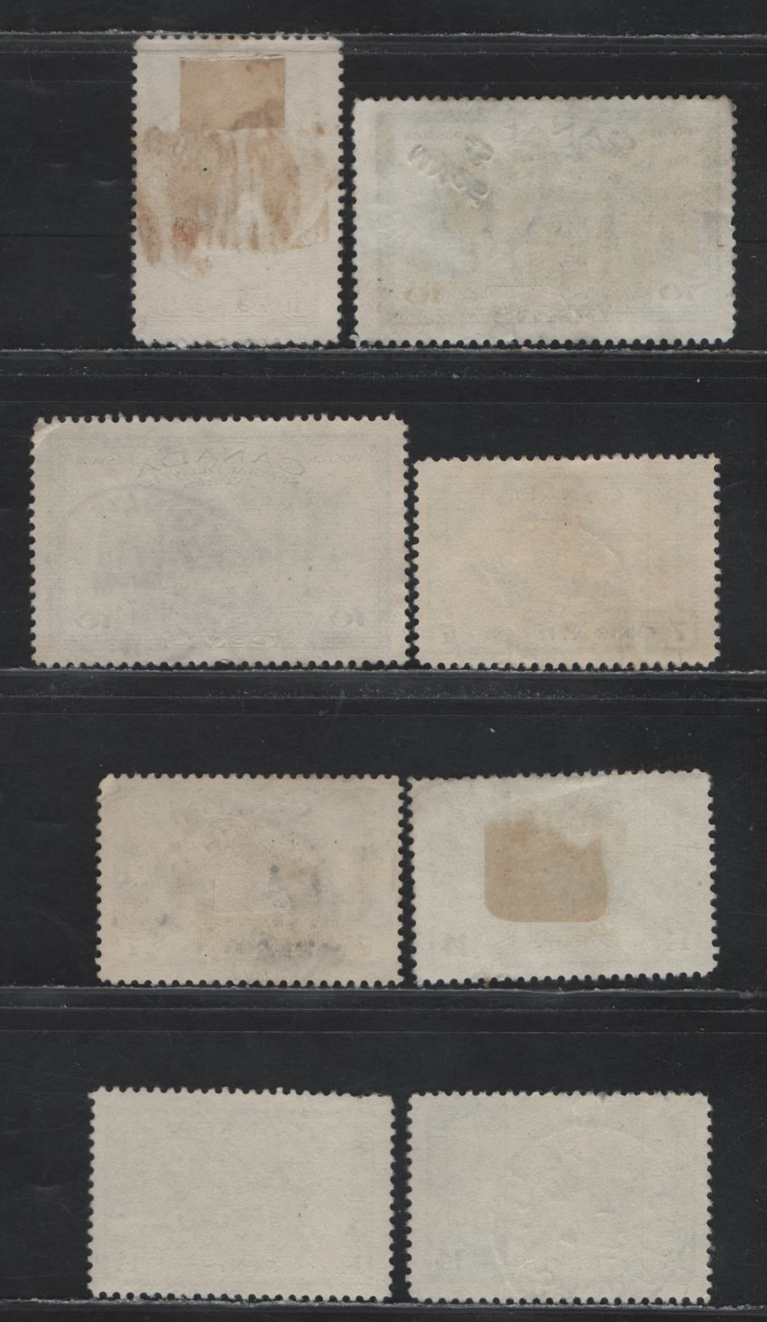 Lot 320 Canada #257, 259, C8, E10 10c - 10c Brown - Green Parliament Buildings - Arms & Flags, 1942-1943 War - Special Delivery Issues, 8 Fine/Very Fine Used Singles, Saskatchewan Cancels
