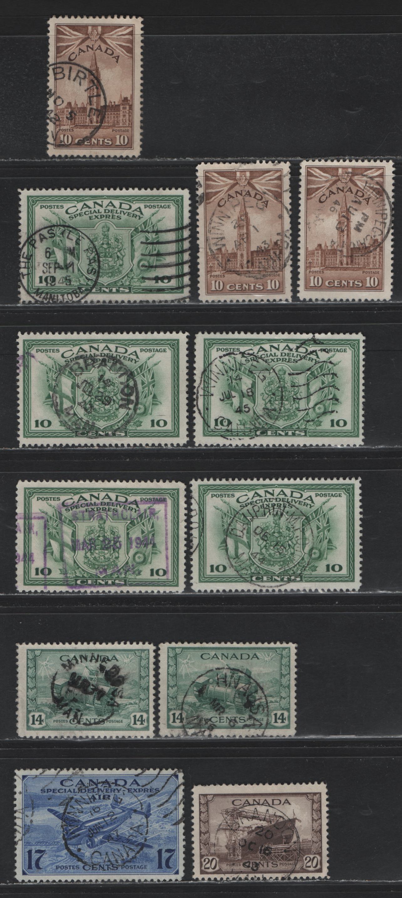 Lot 322 Canada #257, 259-260, CE2, E10 10c - 10c Brown - Green Parliament Buildings - Arms & Flags, 1942-1943 War - Special Delivery Issues, 12 Fine/Very Fine Used Singles, Manitoba Town Cancels